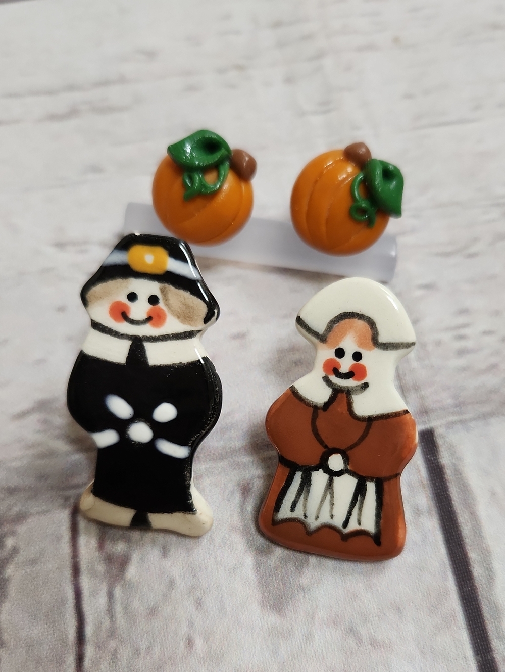 Festive Pumpkin & Pilgrim Kids Button Earrings - Orange/Black/White